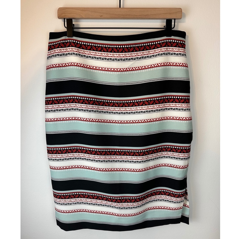 ANN TAYLOR Factory Black, Cream, Green & Red Striped Pattern Pencil Skirt | 10